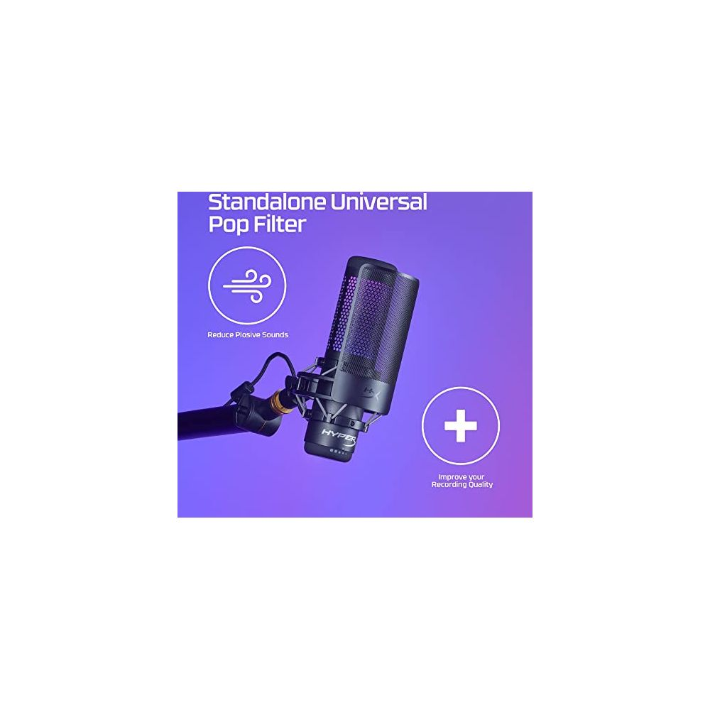 Ein schwarzes Mikrofon mit einem Popfilter, der für bessere Aufnahmequalität sorgt.