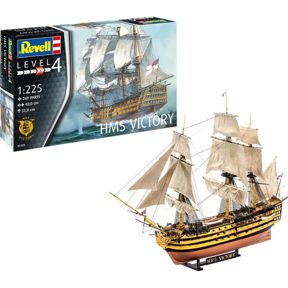 Zestaw modelarski Revell HMS Victory ze szczegółowym statkiem i pudełkiem.