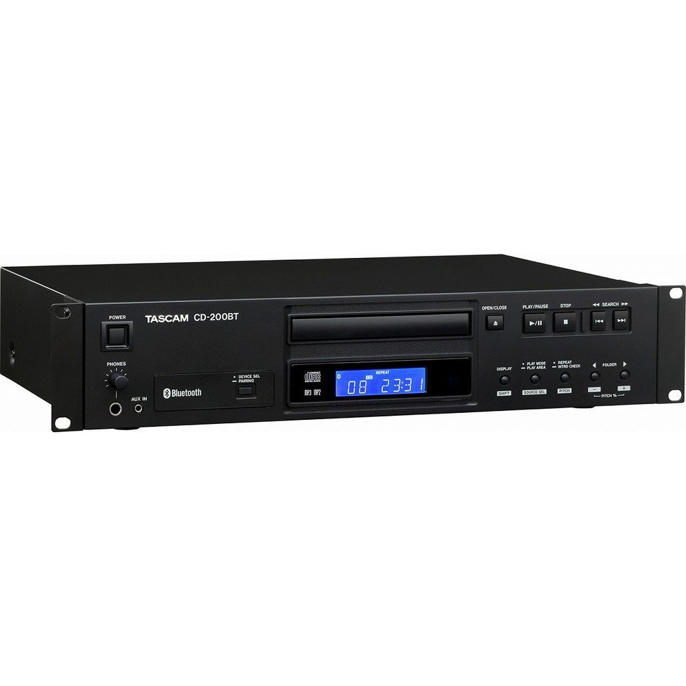 Lecteur CD noir avec écran bleu, boutons et ports.