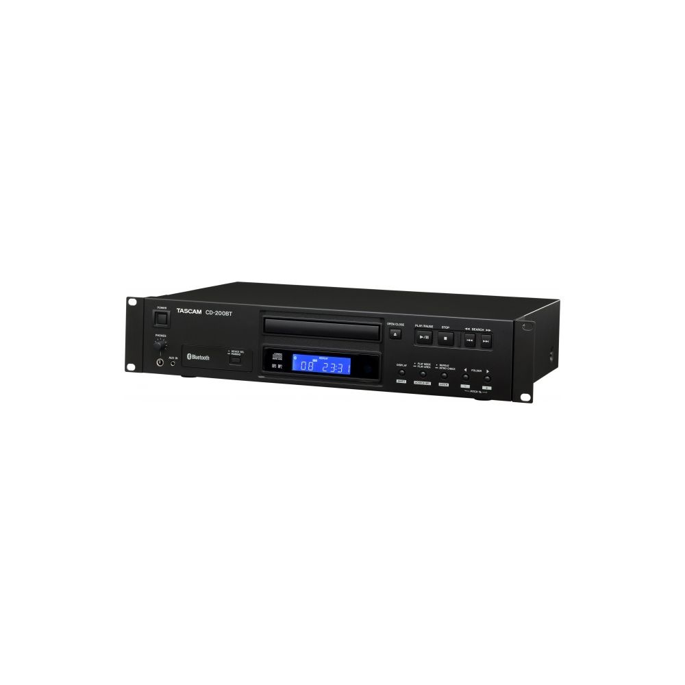 Lecteur CD Tascam CD-200BT noir avec écran bleu et boutons de commande.