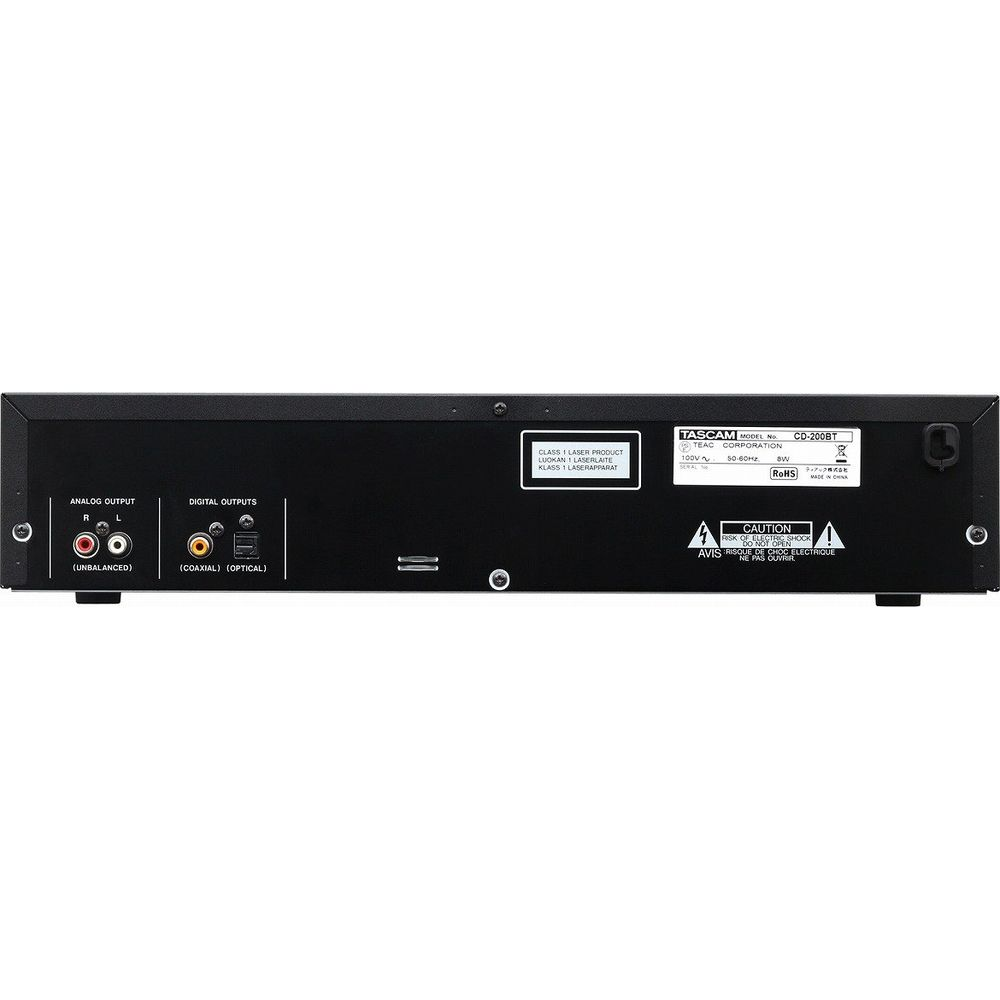 Arrière d'un TASCAM CD-200BT noir montrant les connexions de sortie analogique et numérique.