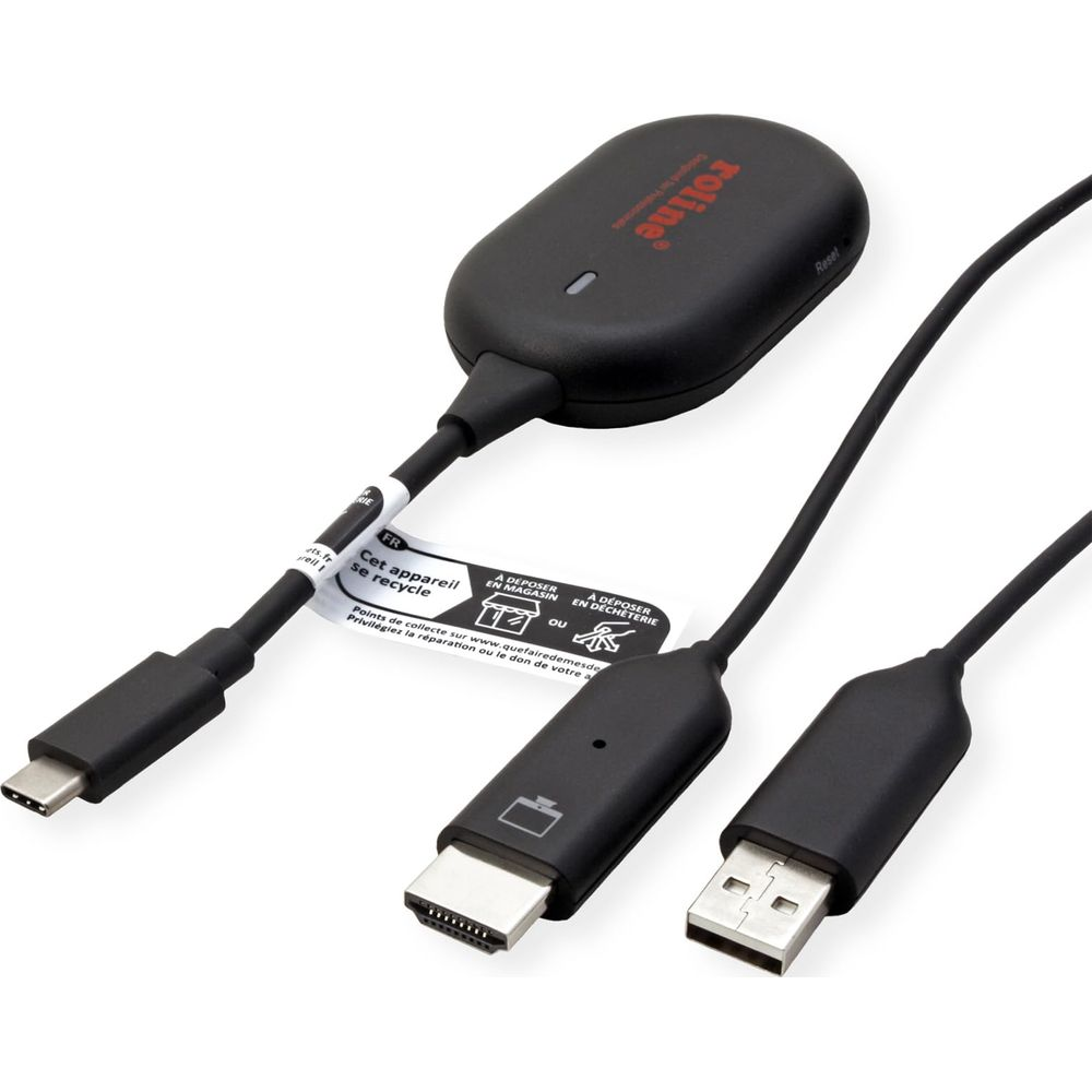Schwarzes Rollo-Gerät mit USB-C-, HDMI- und USB-A-Kabeln. Mit Recycling-Aufkleber.