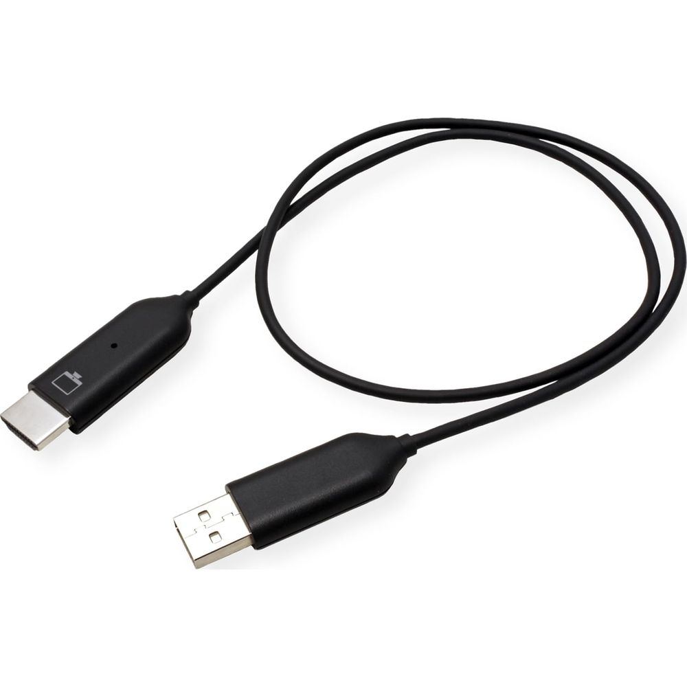 Ein schwarzes USB-C-zu-USB-A-Kabel mit beiden Enden sichtbar.