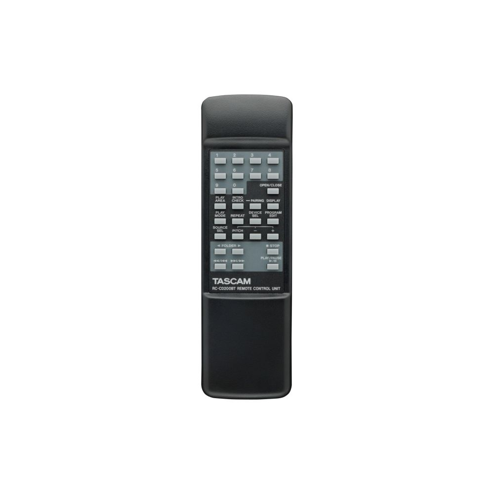 Télécommande noire avec boutons et étiquettes, logo Tascam en haut.
