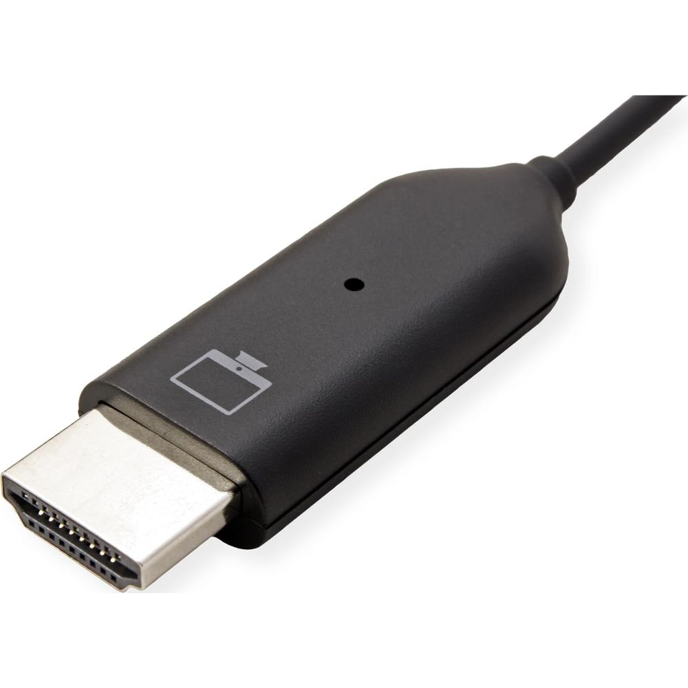 Ein schwarzer HDMI-Adapter mit silbernem Stecker und einem Symbol.