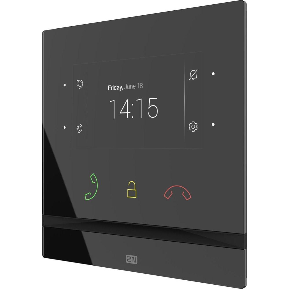Schwarzes Interkom-Panel mit Uhrzeit 14:15, Datum und Symbolen für Anruf, Schloss und Auflegen.