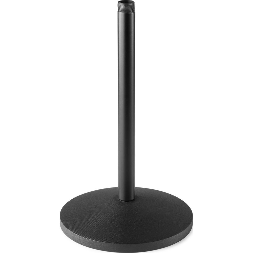 Zwarte microfoonstandaardvoet met ronde voet en verticale paal.