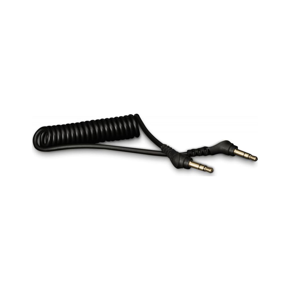 Câble noir en spirale avec deux fiches jack de 3,5 mm, une droite et une coudée.