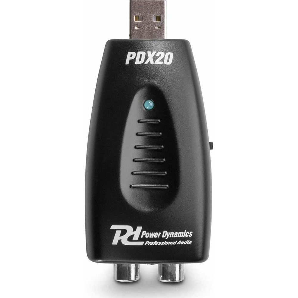 Dispositivo de audio PDX20 negro con conectores USB y RCA. Logo Power Dynamics.