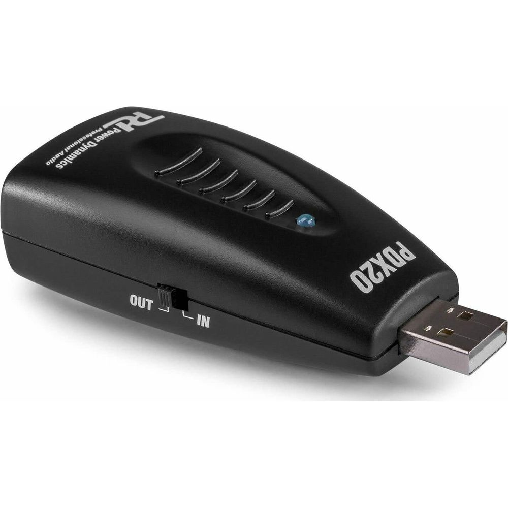 Adaptador USB negro etiquetado PDX20 con interruptor IN/OUT.