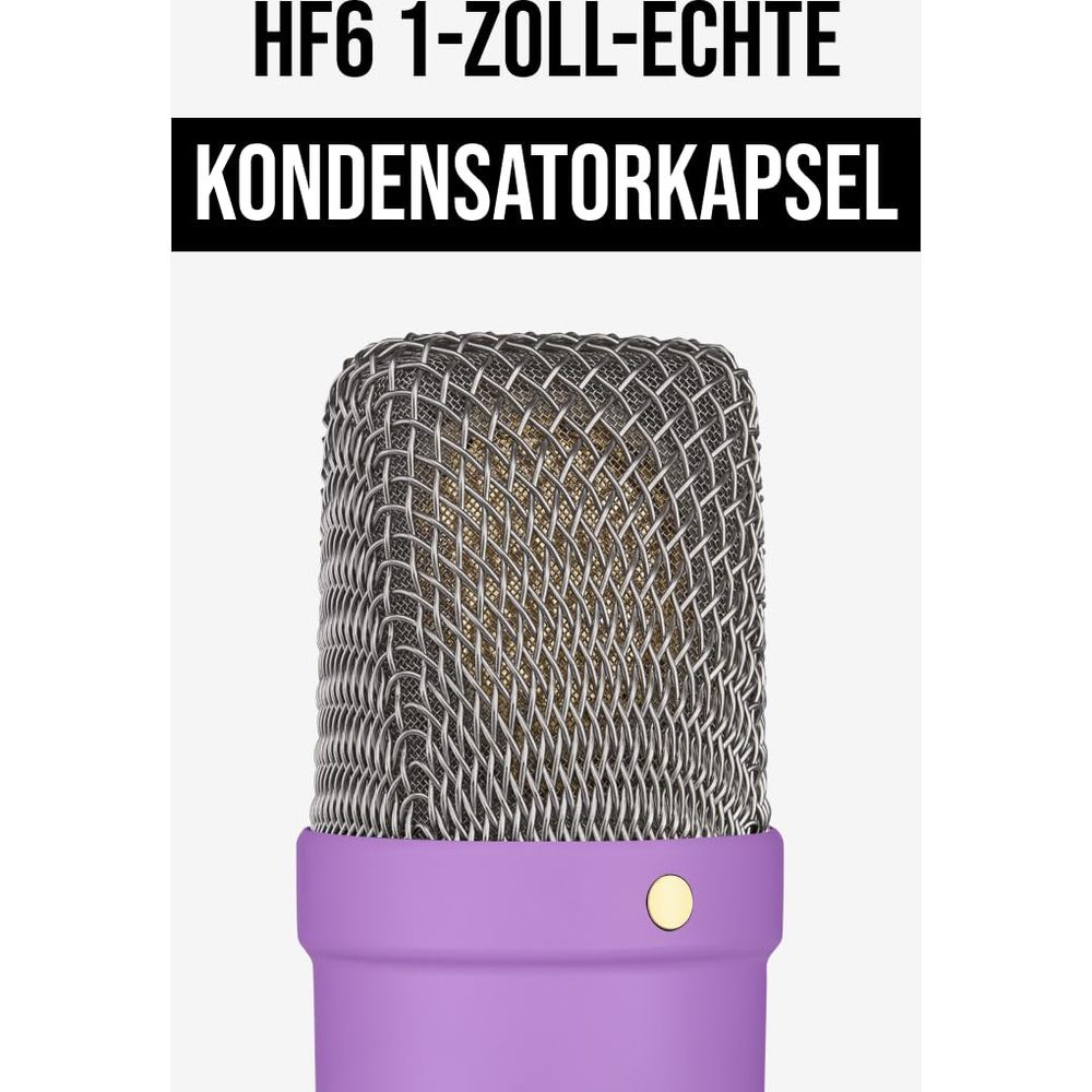Zbliżenie mikrofonu pojemnościowego z srebrną siatką i fioletowym korpusem.