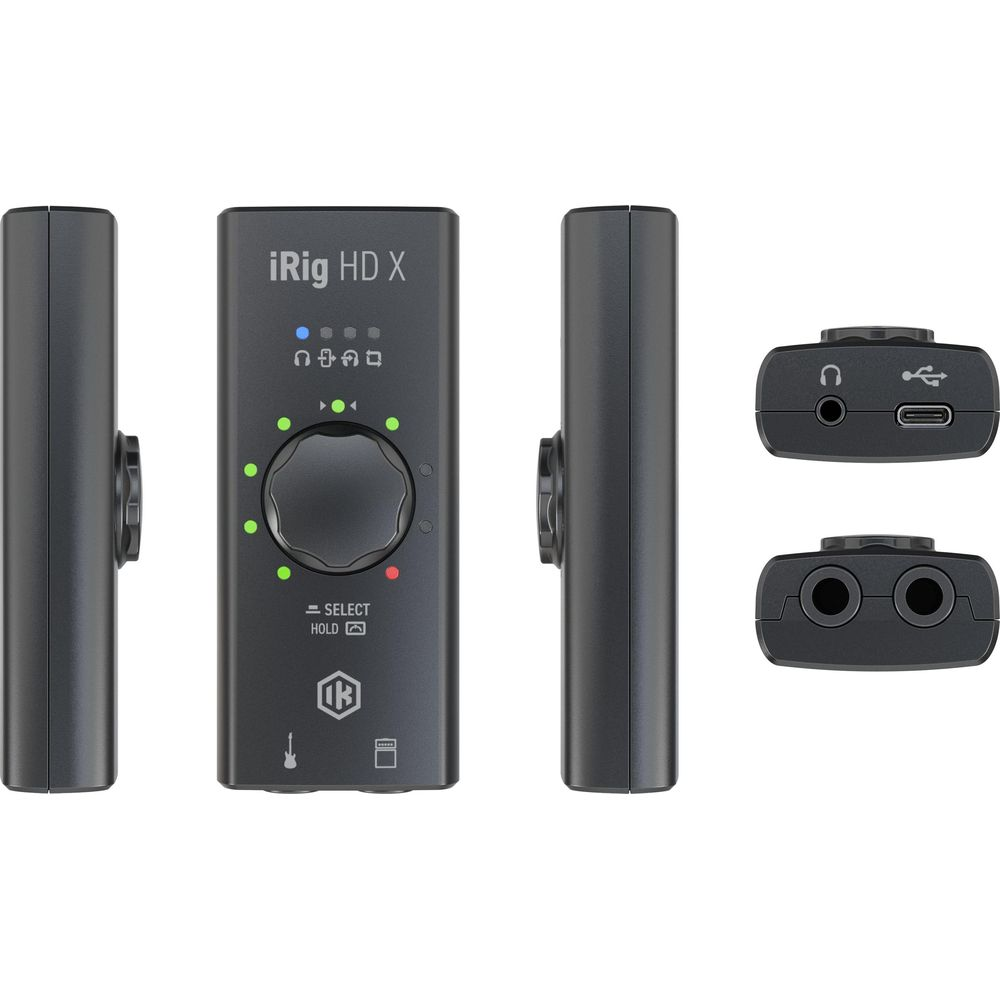 Schwarze iRig HD X Audio-Schnittstelle von mehreren Blickwinkeln mit Anschlüssen und Bedienelementen.