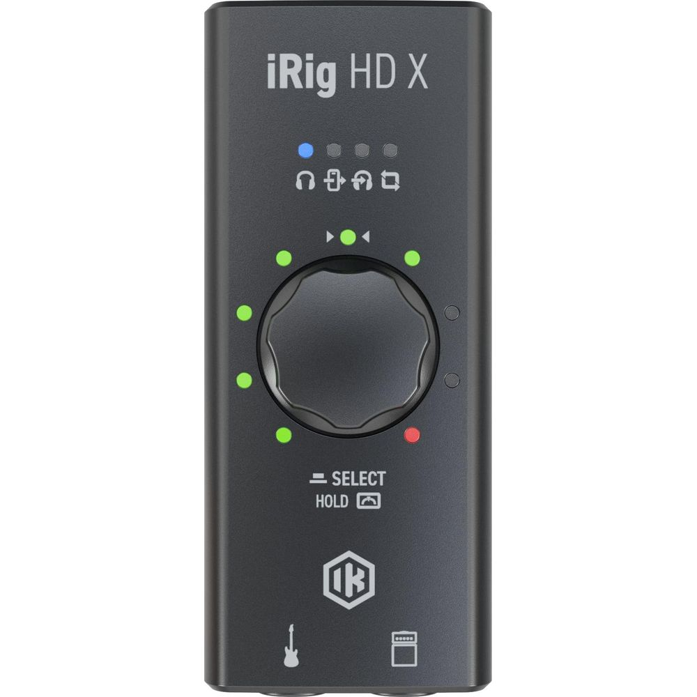 Ein schwarzes Audio-Interface mit Drehregler, LEDs und Symbolen für Gitarre und Lautsprecher.
