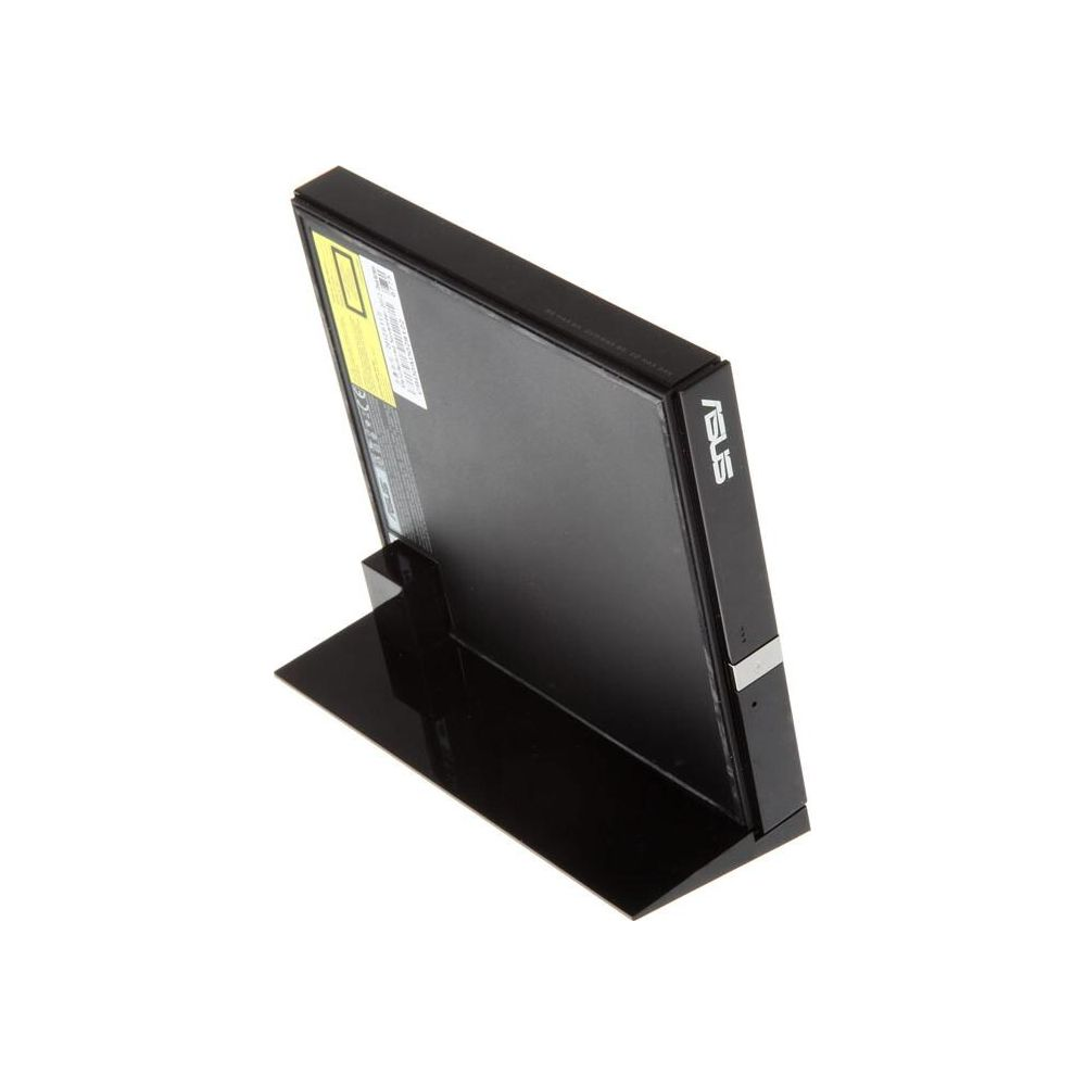 Czarny napęd DVD ASUS slim na czarnym stojaku, na białym tle.
