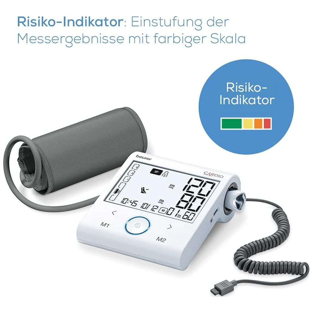 Ein digitaler Blutdruckmesser mit Manschette und farbiger Risikoanzeige.