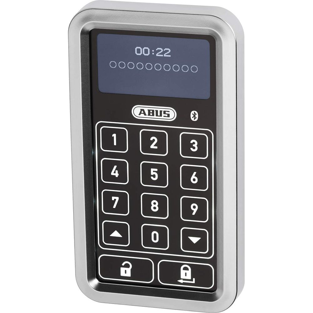 ABUS Tastatur mit Zahlen 0-9, Pfeiltasten, Schloss-Symbolen und Display.