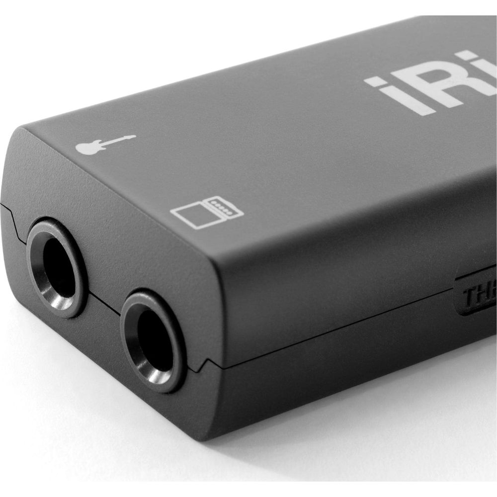 Schwarzes Audiointerface mit zwei Eingängen, Gitarren- und SIM-Karten-Symbolen.