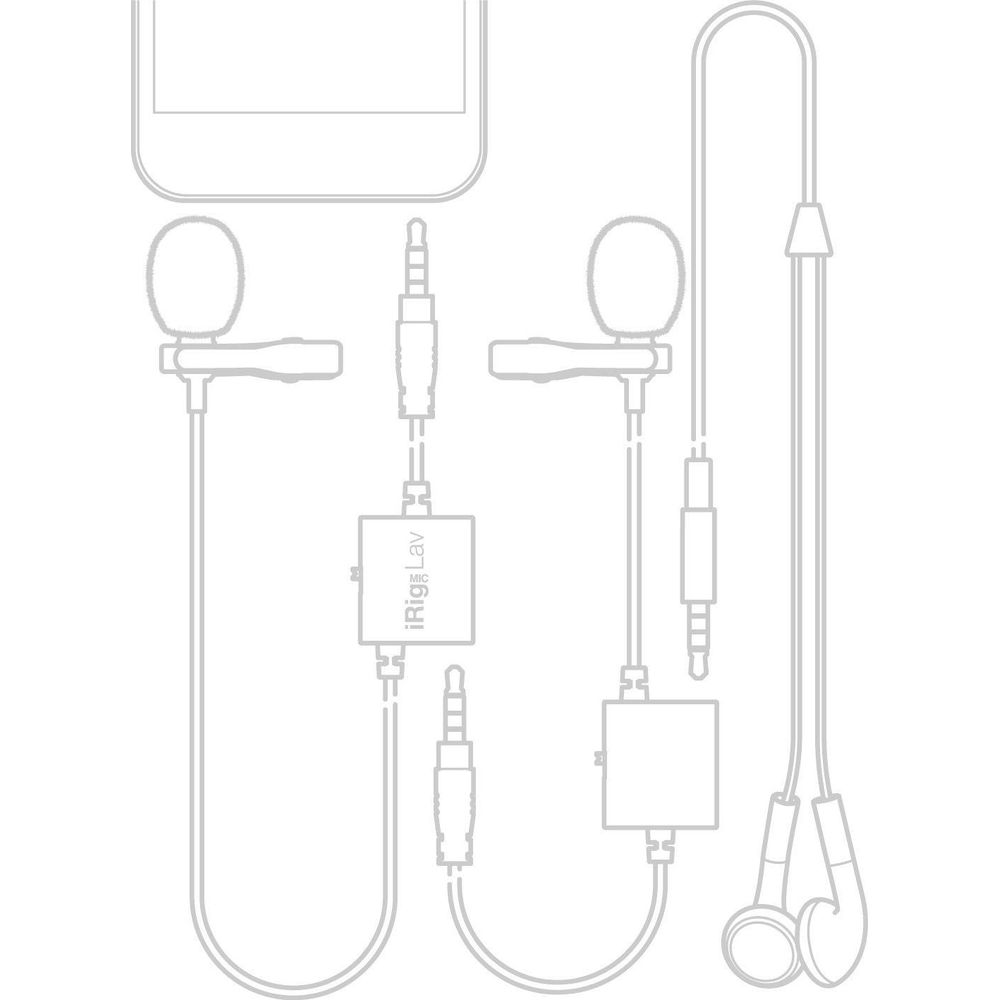 Disegno al tratto di due microfoni lavalier con adattatori iRig Lav e auricolari.