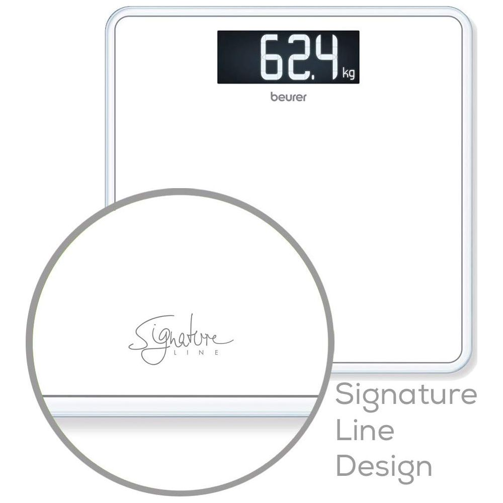 Weie Personenwaage mit digitaler Anzeige von 62,4 kg und "Signature Line" Schriftzug.