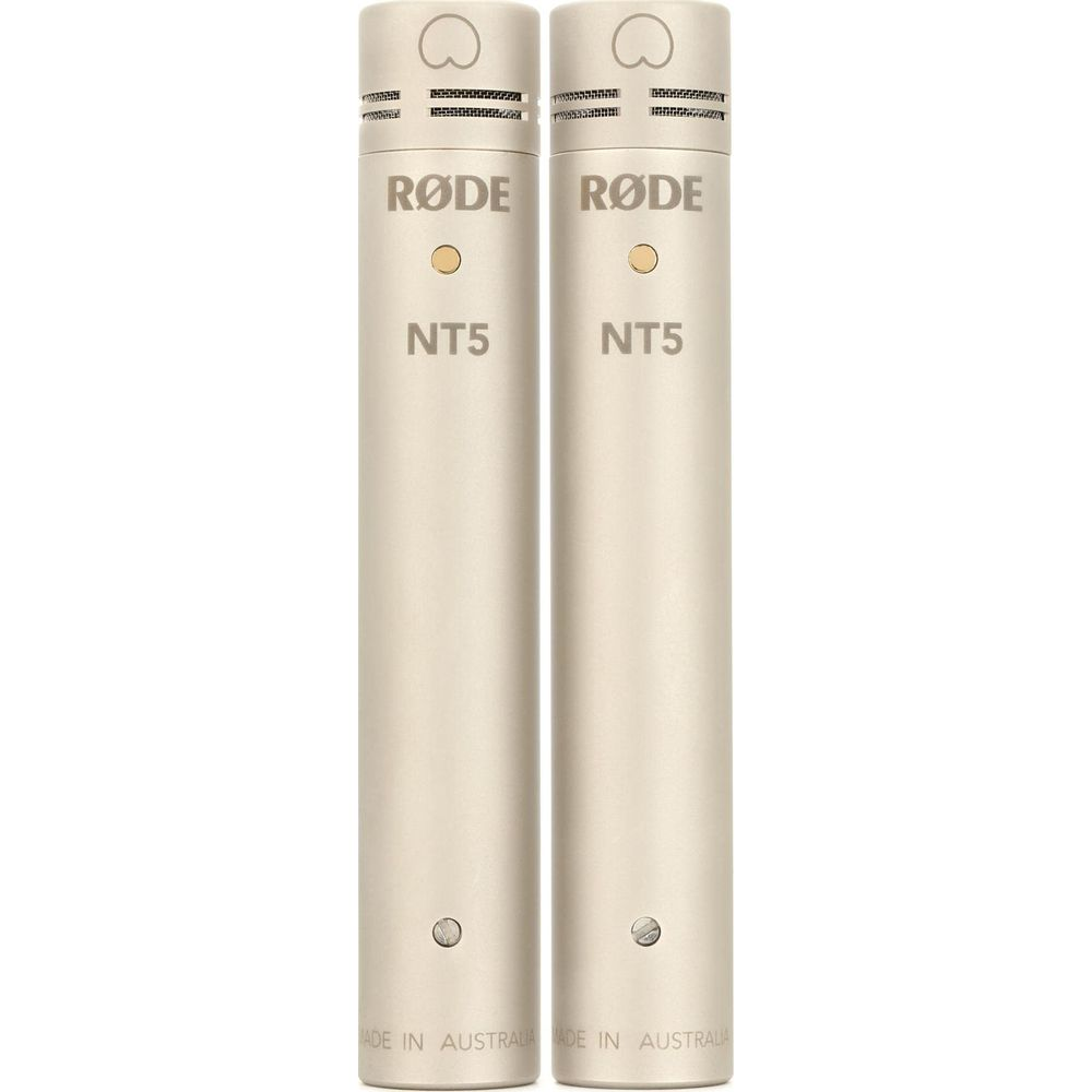 Dwa mikrofony Rode NT5, beżowe, z logo Rode i napisem NT5.