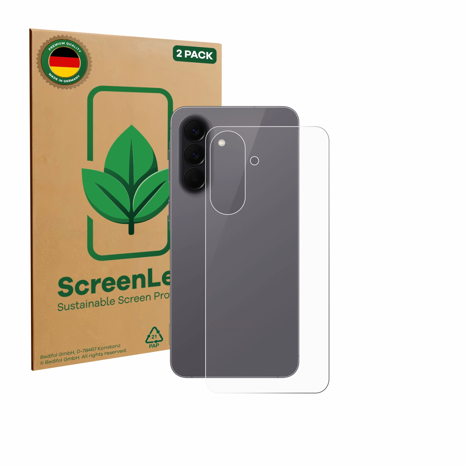 Zwei Displayschutzfolien aus Deutschland mit Handy-Rückseite.