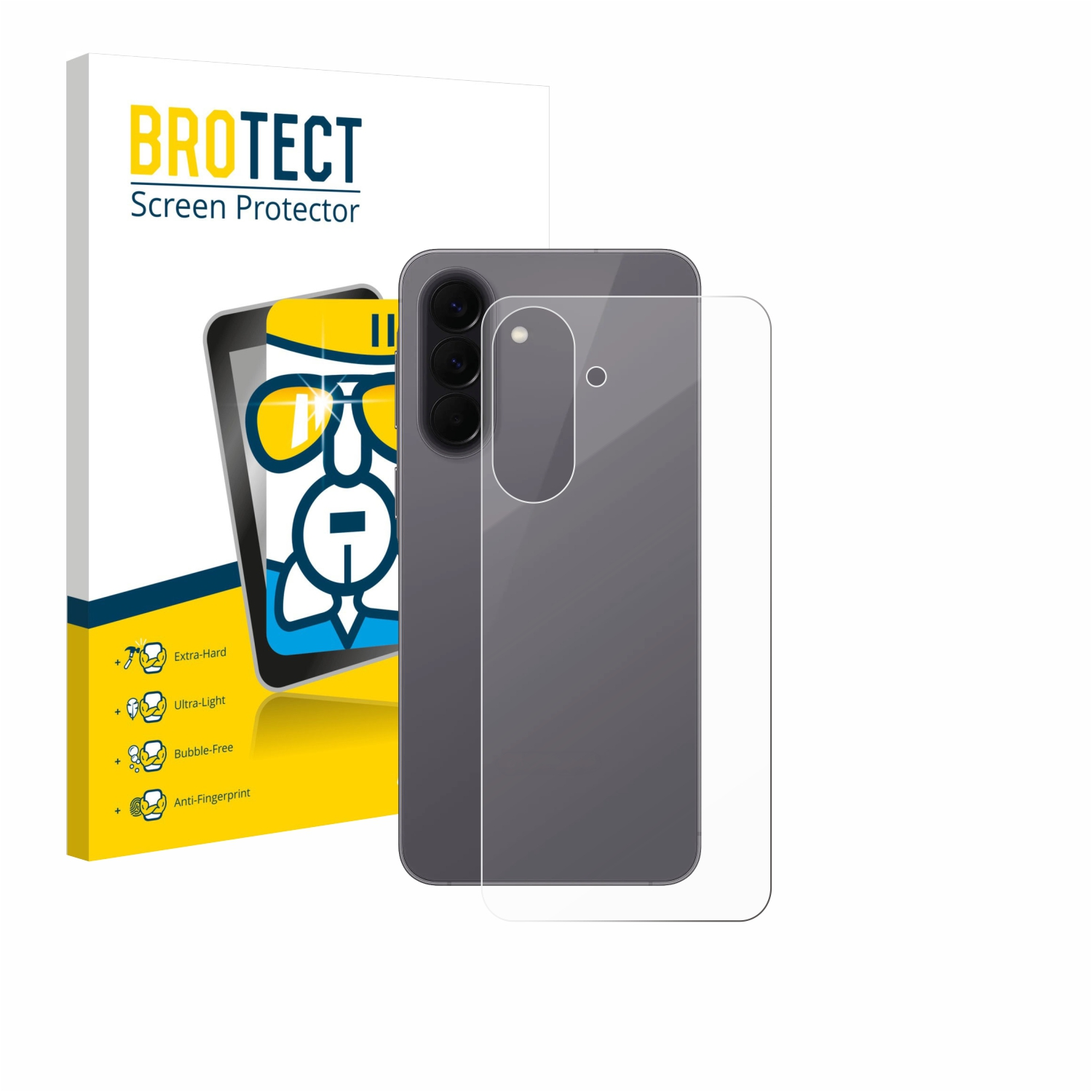 BROTECT Displayschutzfolien-Verpackung neben einem grauen Smartphone mit klarer Displayschutzfolie.