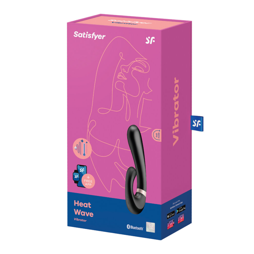 Verpackung eines schwarzen Satisfyer Heat Wave Vibrators mit rosa Vorder- und Seitenflächen.