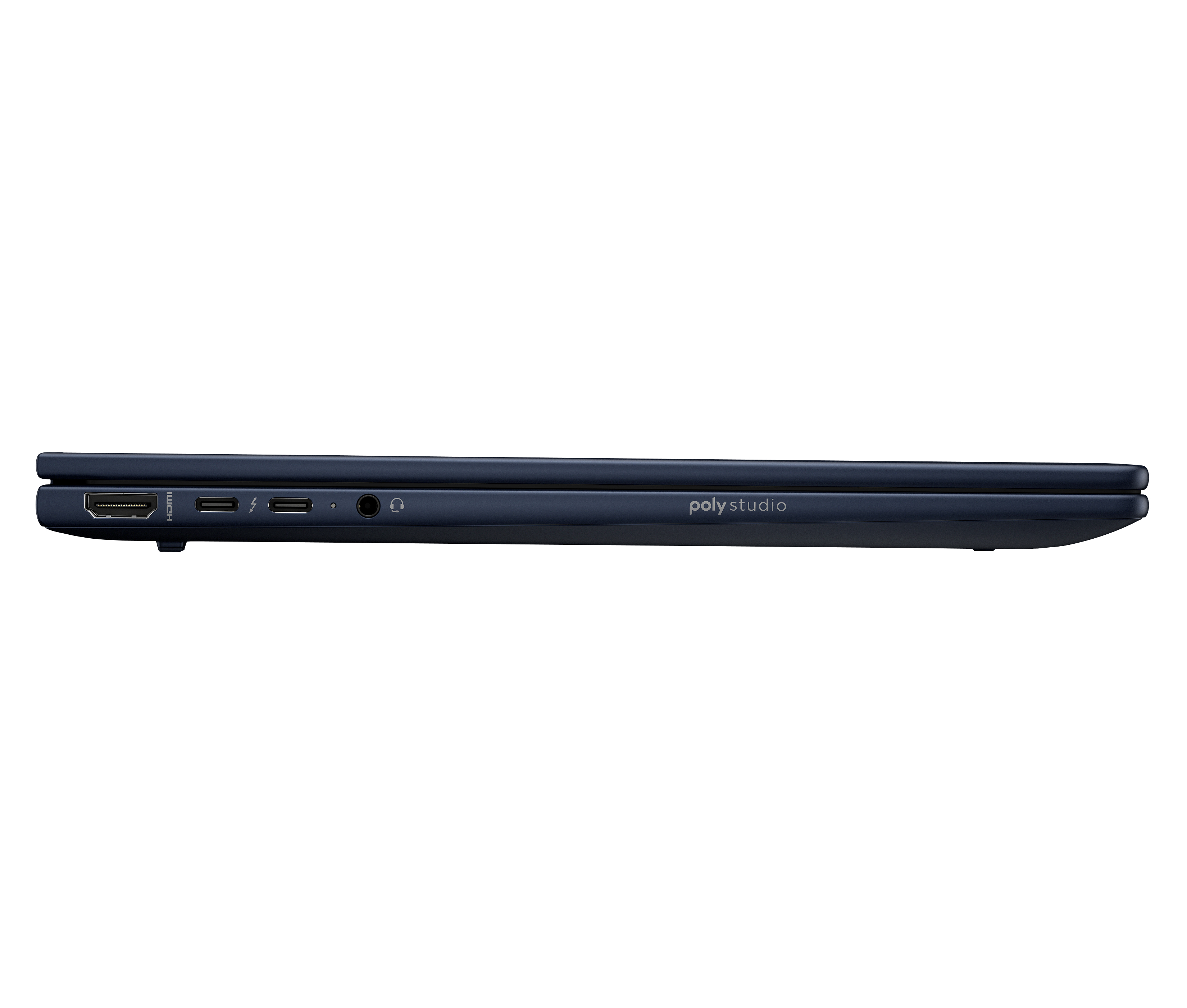 Laptop blu scuro con porte HDMI, USB-C e cuffie.