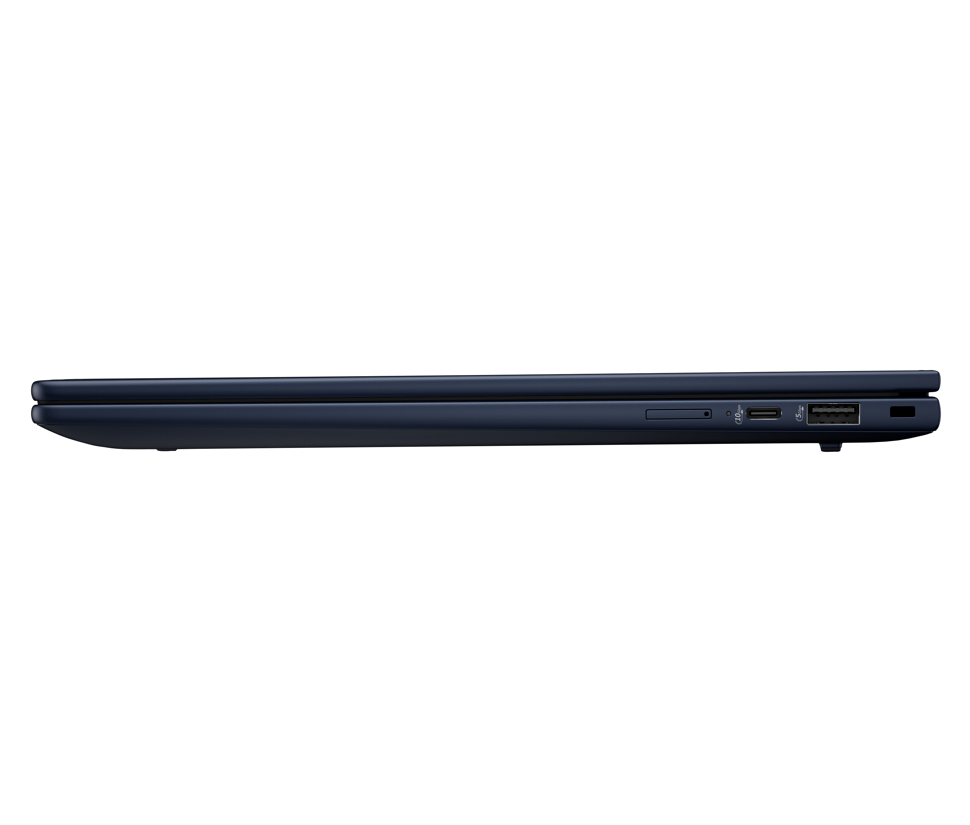 Laptop blu scuro chiuso, profilo laterale con porte USB-C e USB-A.