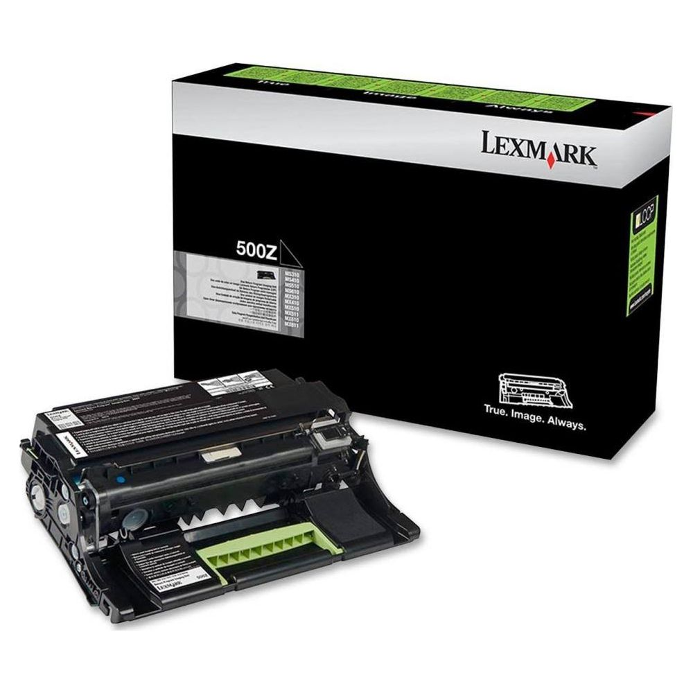 Lexmark 500z Tonerkartusche neben schwarzer Box mit grünen Akzenten.