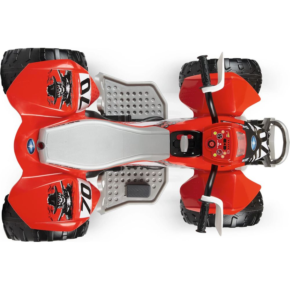 Un quad giocattolo rosso con pneumatici neri, sedile e controlli.