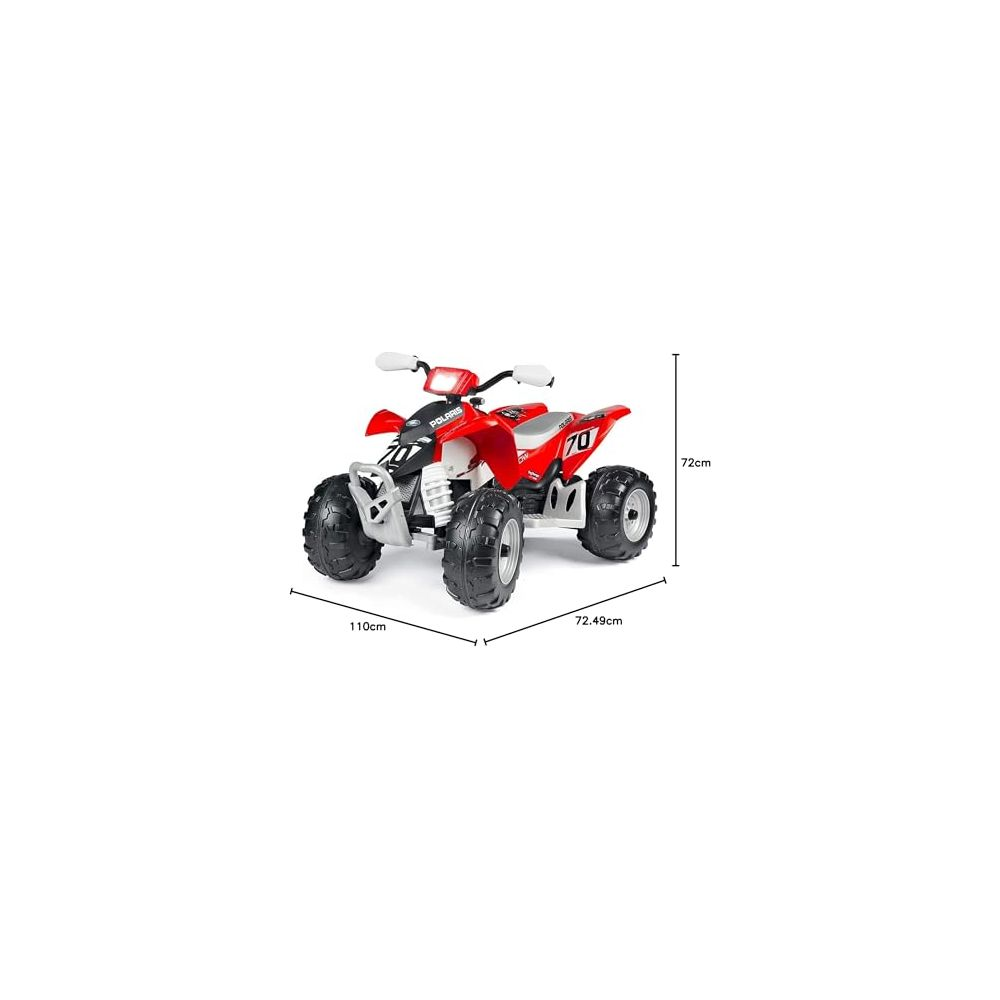 Un quad per bambini rosso con ruote nere e il numero 70.