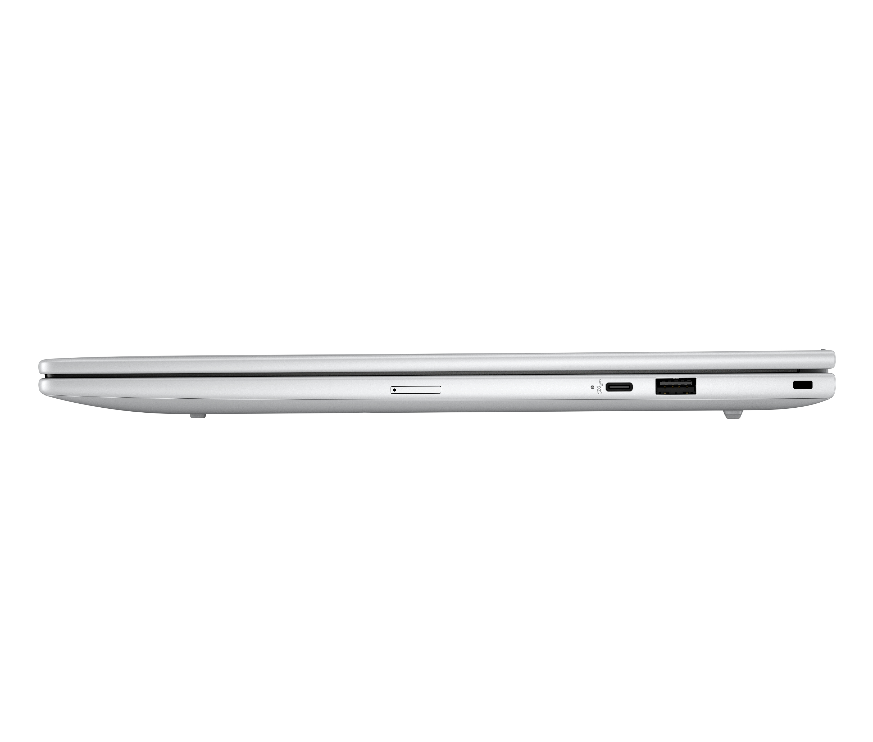 Bordo laptop argento con porte: lettore schede SD, USB-C, USB-A, jack cuffie.