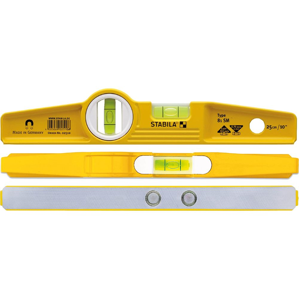 Three yellow Stabila spirit levels with vials and metal base.