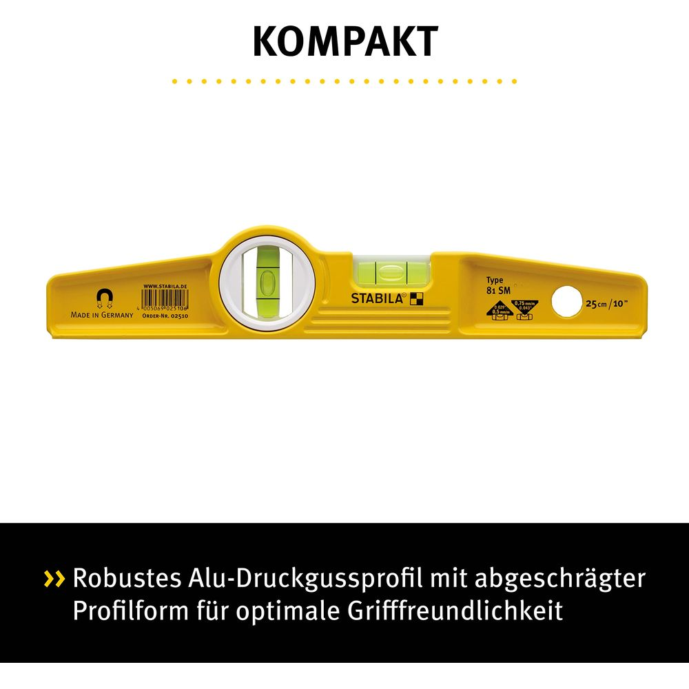 A yellow Stabila spirit level with two vials and text labels.
