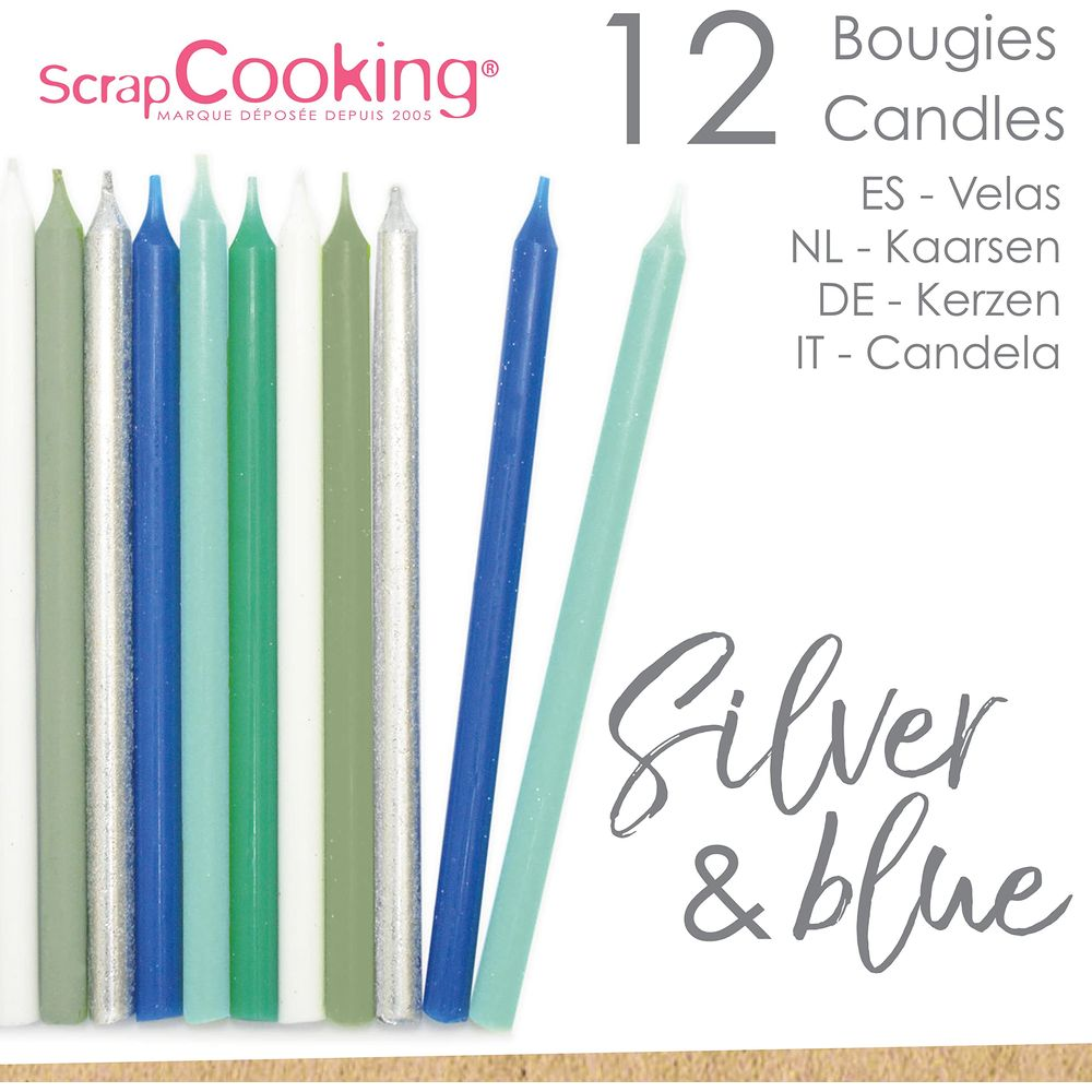 Zwölf Kerzen in Silber, Blau und Grün. Scrap Cooking Logo oben links.