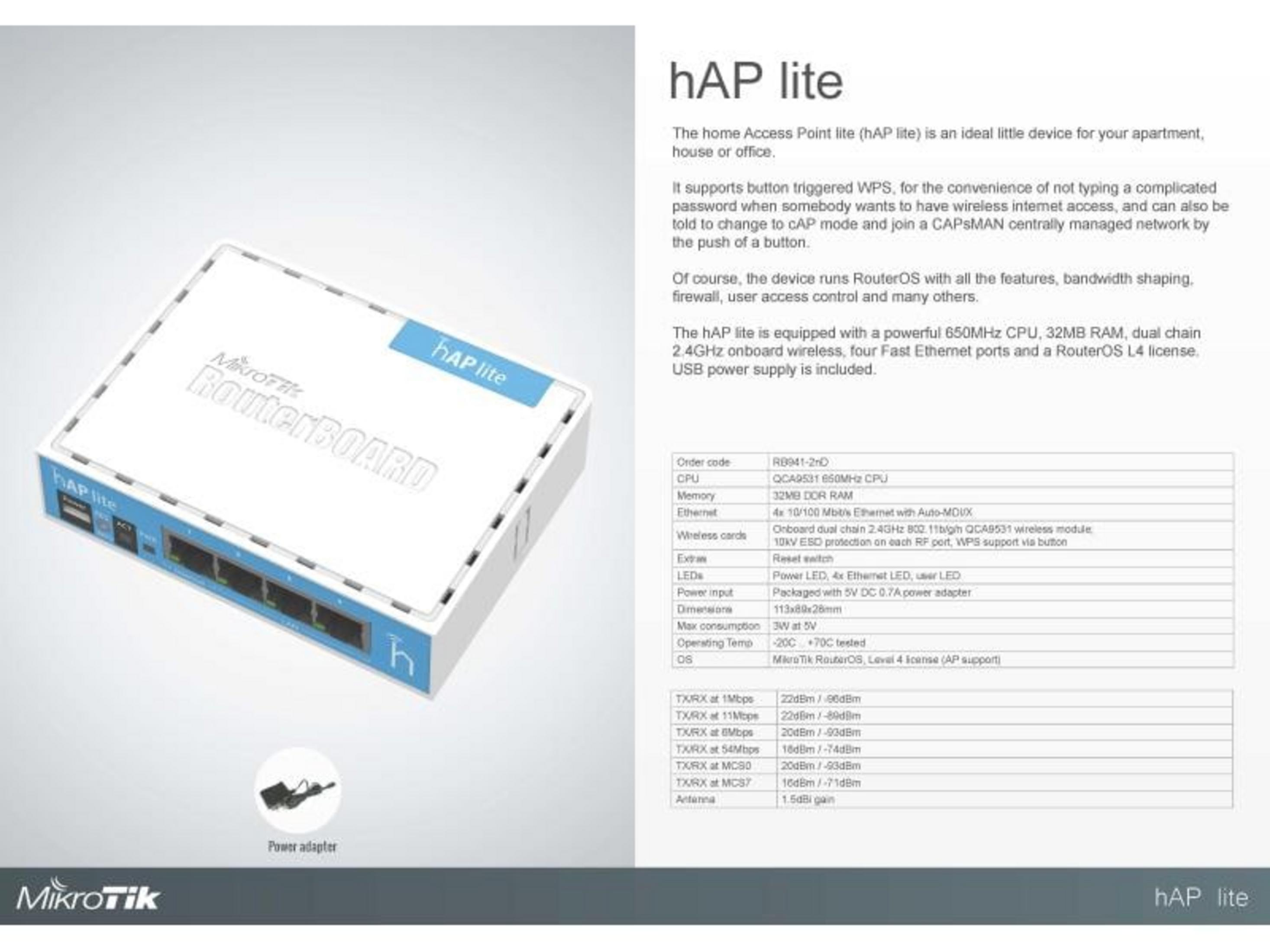 Biały router MikroTik hAP lite z niebieskimi akcentami i portami.