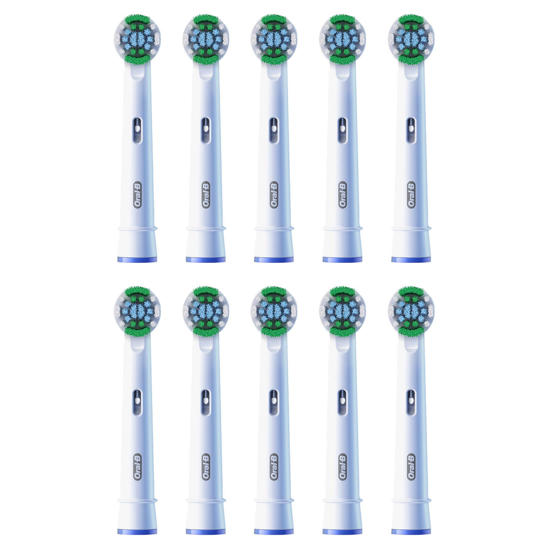 Dieci testine Oral-B bianche con setole blu e verdi su sfondo bianco.