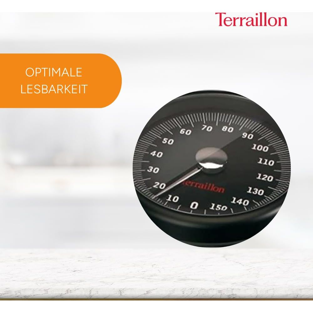 Terraillon-Waage mit schwarzem Zifferblatt und silbernem Zeiger. "Optimale Lesbarkeit" auf Deutsch.