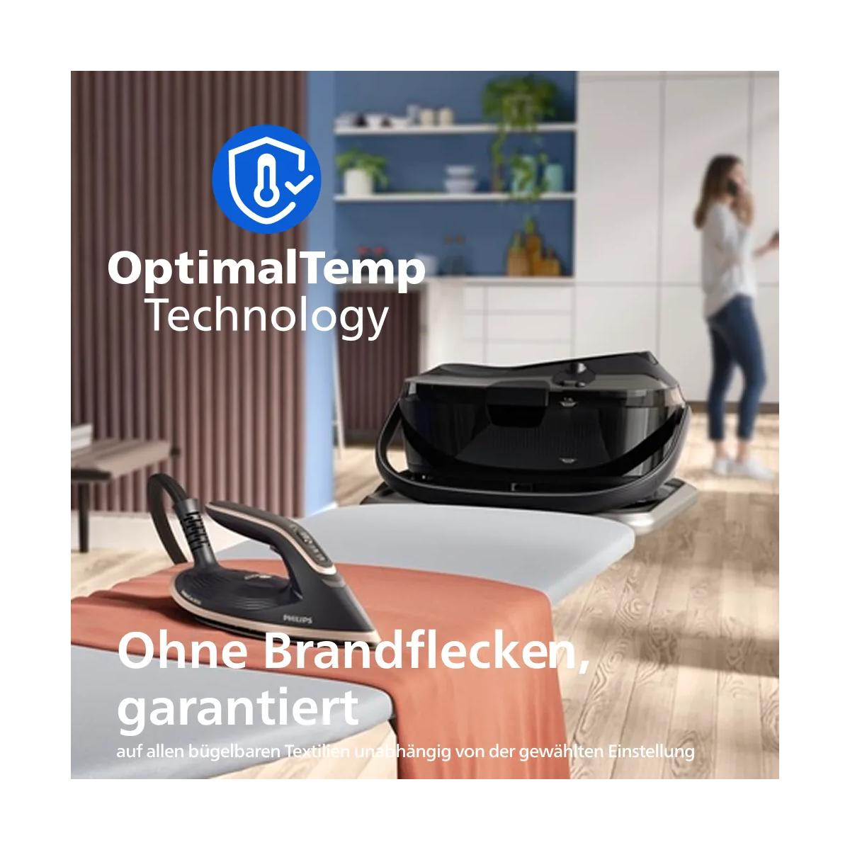 Dampfbügeleisen mit OptimalTemp Technologie auf Bügelbrett. Keine Brandflecken garantiert.