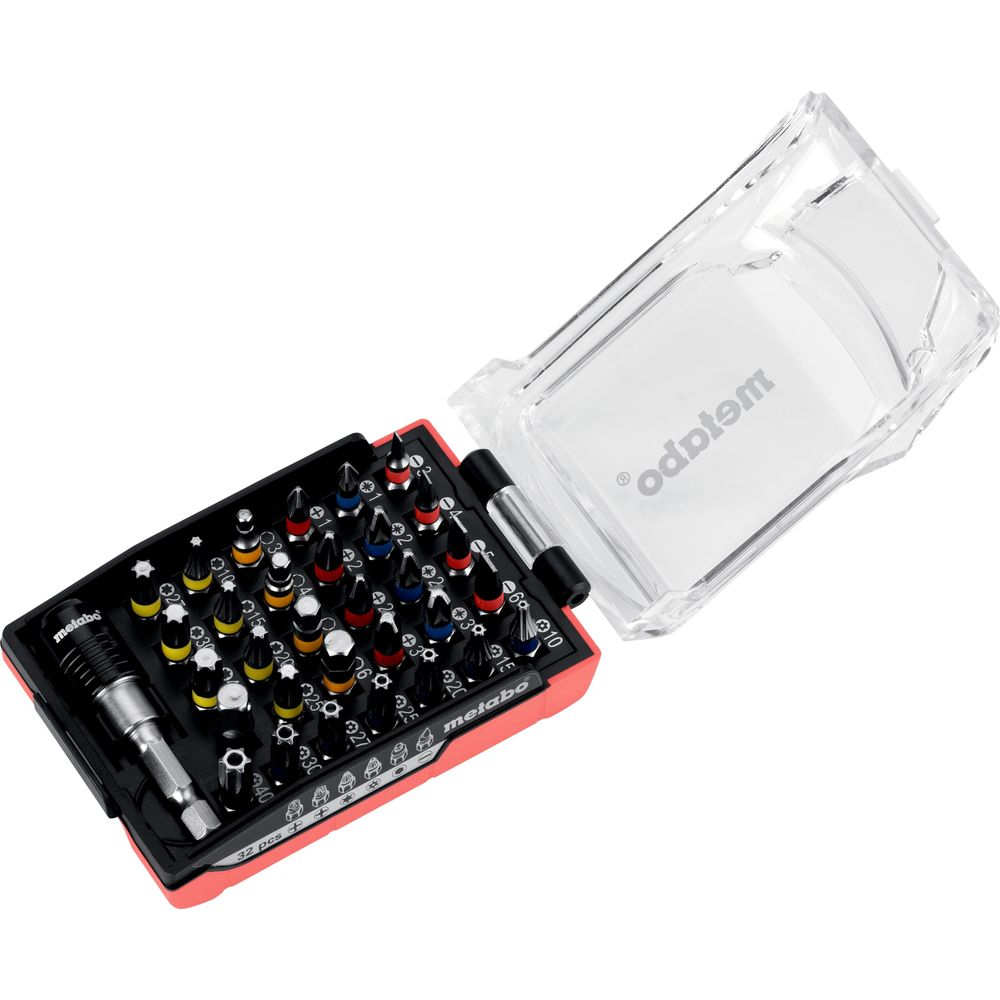 Ein rotes Etui mit vielen Bits, offen mit durchsichtigem Deckel.