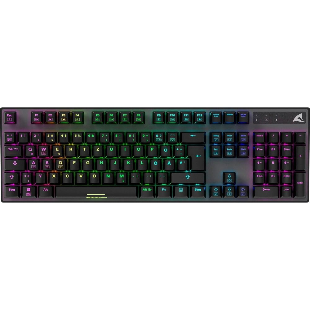 A black keyboard with RGB lighting. The keys are labeled with letters and symbols.