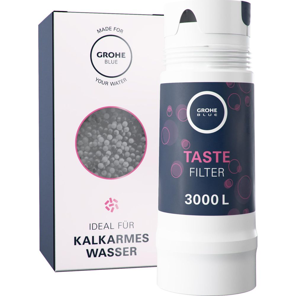Grohe Blue Geschmackfilter 3000 L für kalkarmes Wasser, links die Verpackung.
