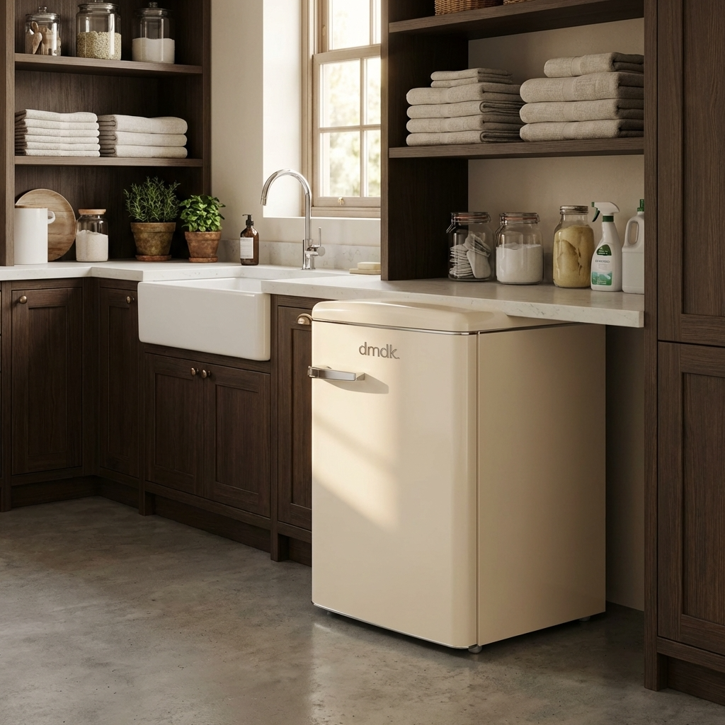 A cream-colored refrigerator sits beside a sink in a dark wood kitchen.