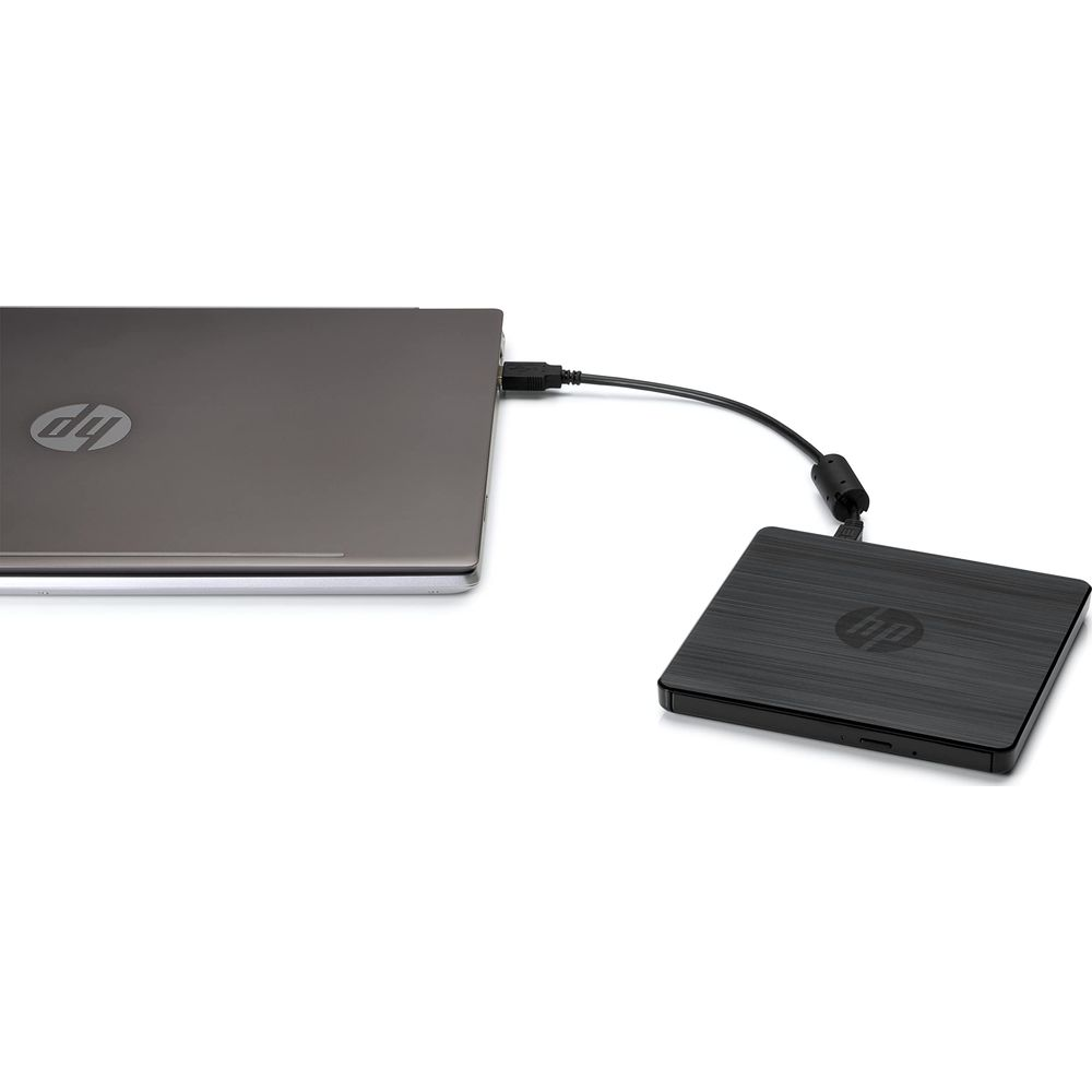 A gray HP laptop connected by USB to a black HP external DVD drive.