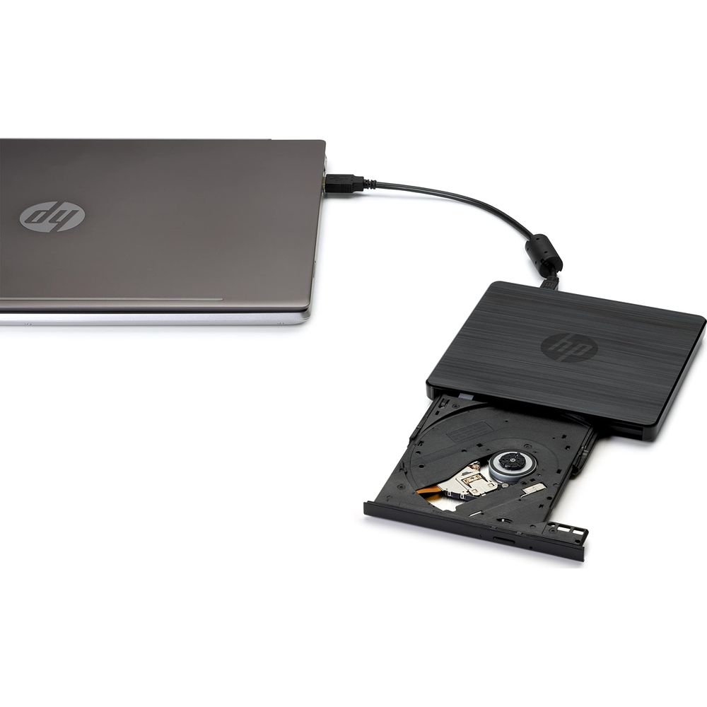 A gray HP laptop is connected to a black external CD/DVD drive with the tray open.