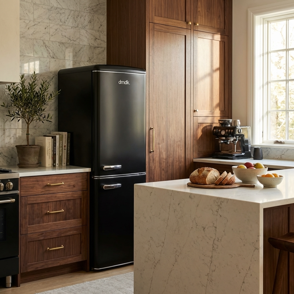 Modern kitchen with a black refrigerator, wood cabinetry, and marble countertop.