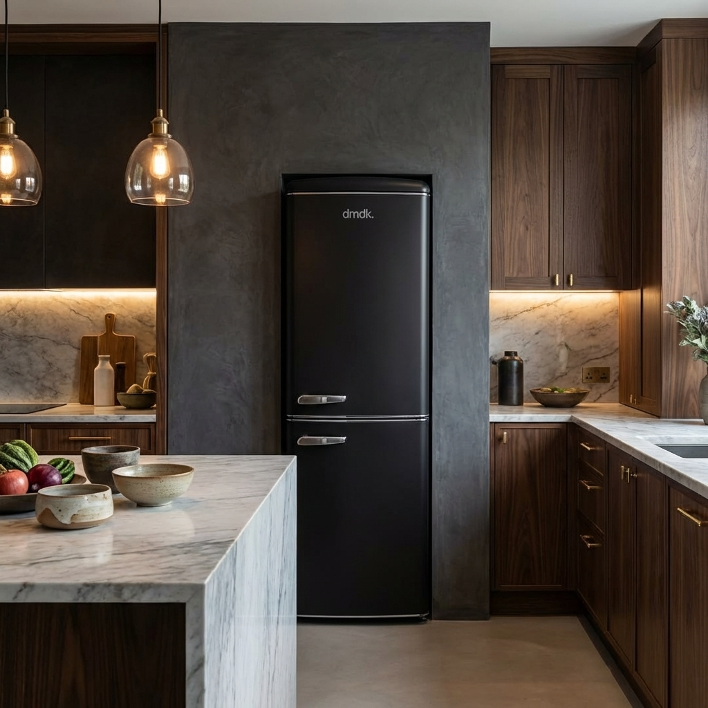 Modern kitchen with black fridge, marble island, and dark wood cabinets.