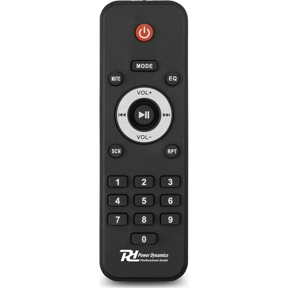 Mando a distancia negro con botón de encendido, teclado numérico y controles de reproducción.