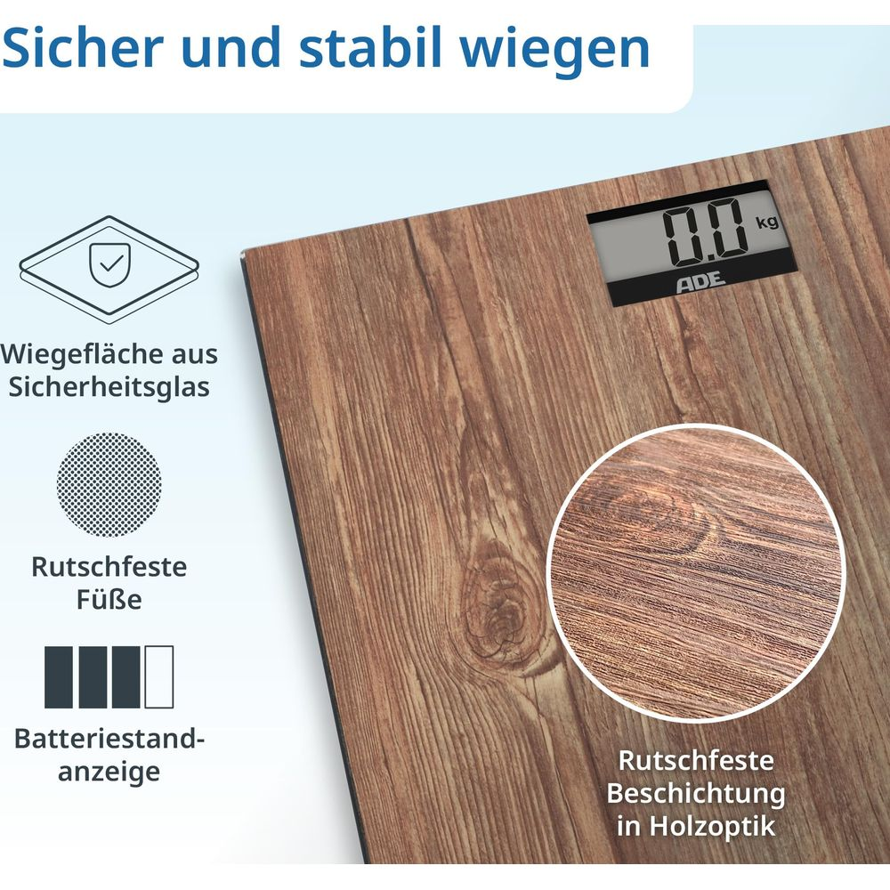 Cyfrowa waga łazienkowa z efektem drewna, szkłem hartowanym i antypoślizgowymi stopkami.
